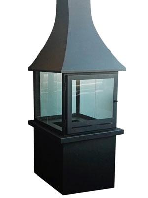 Glass fireplace with bell-shaped canopy